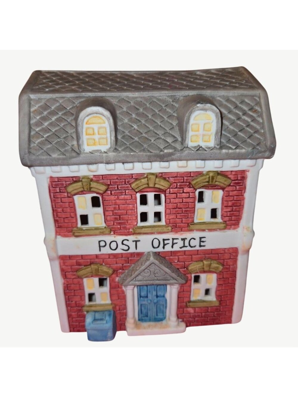 Ceramic Post Office Light-Up Village Building Figurine Red Brick Design Made In